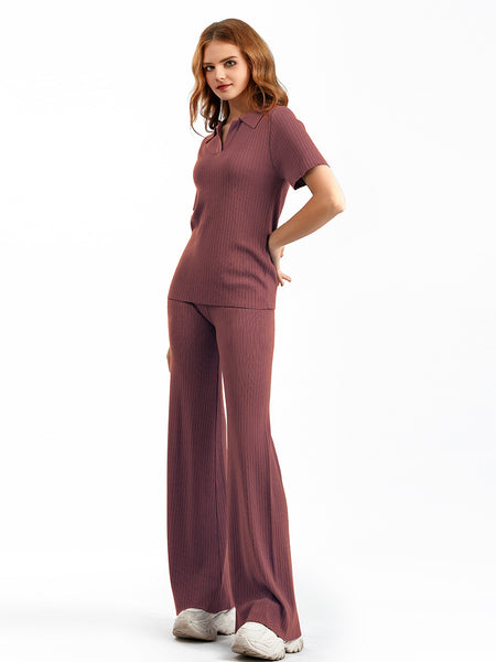 Beacon Ribbed Knit Co-ord Set In Burgundy - full-length shot on model - Miss Mosa By Akanksha