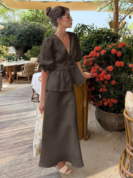 Beatrice Summer Coord Skirt Set - styled shot, brown - Miss Mosa By Akanksha