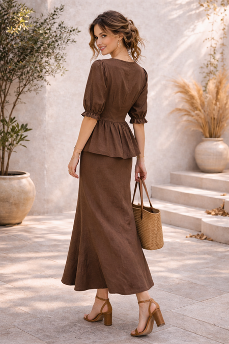 Beatrice Summer Coord Skirt Set - back shot, brown - Miss Mosa By Akanksha