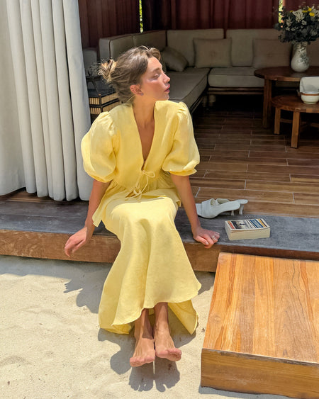 Beatrice Summer Coord Skirt Set - seated shot, pale yellow - Miss Mosa By Akanksha