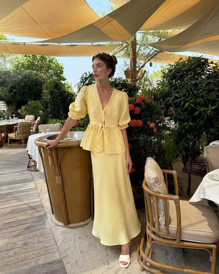 Beatrice Summer Coord Skirt Set - styled shot, pale yellow - Miss Mosa By Akanksha
