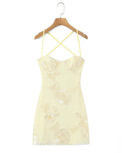 Beatrix Embroidered Mini Dress - front hanger shot, pale yellow floral embroidery - Miss Mosa By Akanksha