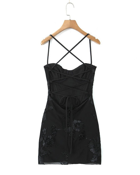 Beatrix Embroidered Mini Dress - back hanger shot, black floral embroidery - Miss Mosa By Akanksha