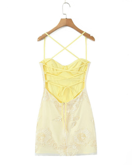 Beatrix Embroidered Mini Dress - back hanger shot, pale yellow floral embroidery - Miss Mosa By Akanksha