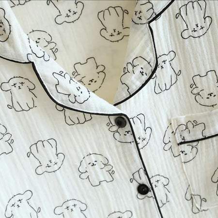 Becca Cotton Crepe Nightsuit In Off-White - close-up of collar and placket detail - Miss Mosa By Akanksha