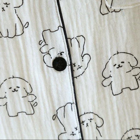 Becca Cotton Crepe Nightsuit In Off-White - close-up of button and print detail - Miss Mosa By Akanksha