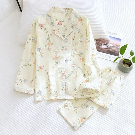 Beccy Cotton Floral Nightsuit In Off-White - flat-lay product shot of pyjama set - Miss Mosa By Akanksha