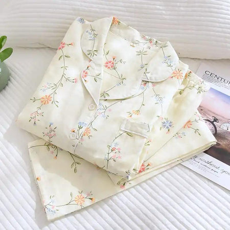 Beccy Cotton Floral Nightsuit In Off-White - flat-lay folded product shot of pyjama set - Miss Mosa By Akanksha