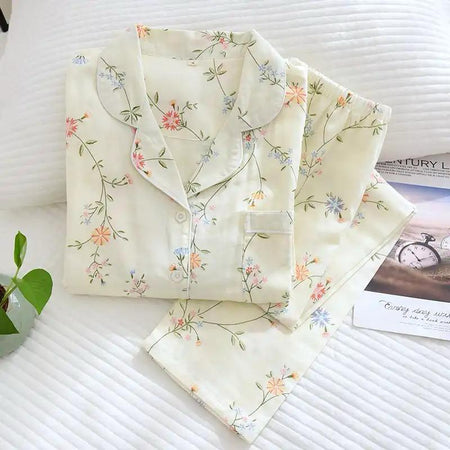 Beccy Cotton Floral Nightsuit In Off-White - flat-lay folded product shot of pyjama set - Miss Mosa By Akanksha