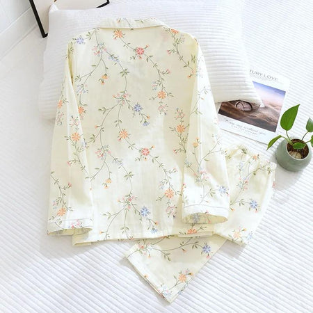Beccy Cotton Floral Nightsuit In Off-White - flat-lay product shot of pyjama set - Miss Mosa By Akanksha