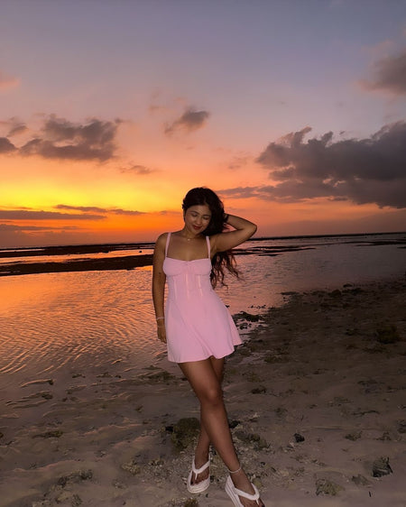 Beccy Summer Lace Up Holiday Dress - lifestyle shot on model, pink - Miss Mosa By Akanksha