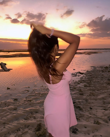 Beccy Summer Lace Up Holiday Dress - lifestyle shot on model, pink - Miss Mosa By Akanksha