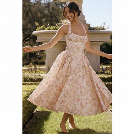Begonia Floral Midi Dress In Peach - full-length front shot on model outdoors - Miss Mosa By Akanksha