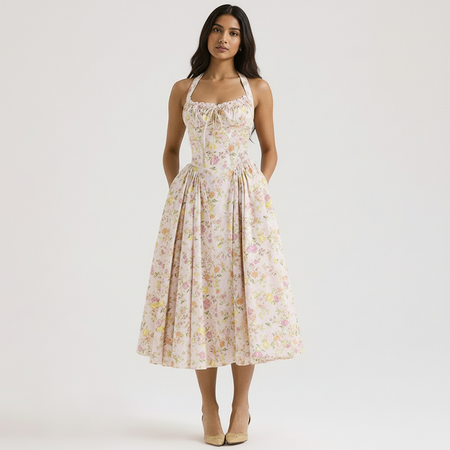 Begonia Floral Midi Dress In Peach - full-length front shot on model - Miss Mosa By Akanksha