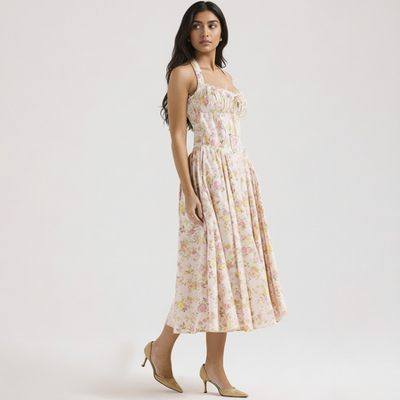 Begonia Floral Midi Dress In Peach - full-length side shot on model - Miss Mosa By Akanksha