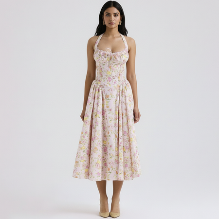 Begonia Floral Midi Dress In Peach - full-length front shot on model - Miss Mosa By Akanksha