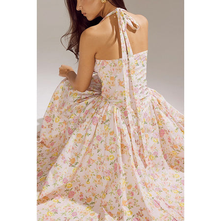 Begonia Floral Midi Dress In Peach - back close-up shot on model - Miss Mosa By Akanksha