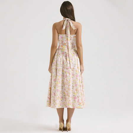 Begonia Floral Midi Dress In Peach - full-length back shot on model - Miss Mosa By Akanksha