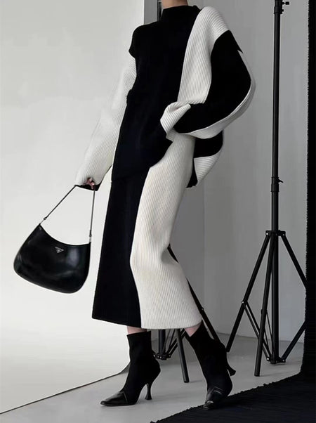Belenza Colorblock Coord Skirt Set - side shot on model, black and off-white - Miss Mosa By Akanksha