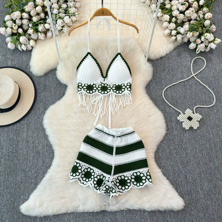 Belia 2 Piece Coord Set-Resortwear In Green - flat-lay product shot of the crochet bralette and shorts set - Miss Mosa By Akanksha
