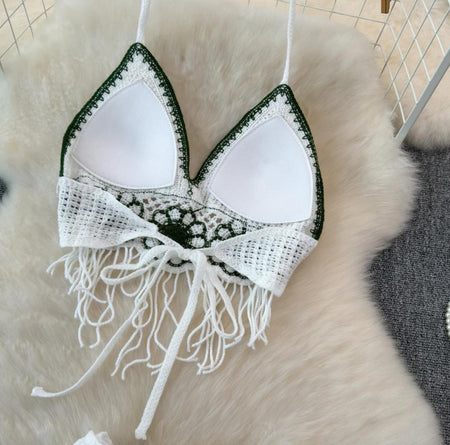 Belia 2 Piece Coord Set-Resortwear In Green - close-up of the crochet bralette with tassels - Miss Mosa By Akanksha