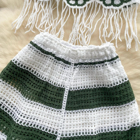 Belia 2 Piece Coord Set-Resortwear In Green - close-up of the crochet shorts waistband detail - Miss Mosa By Akanksha