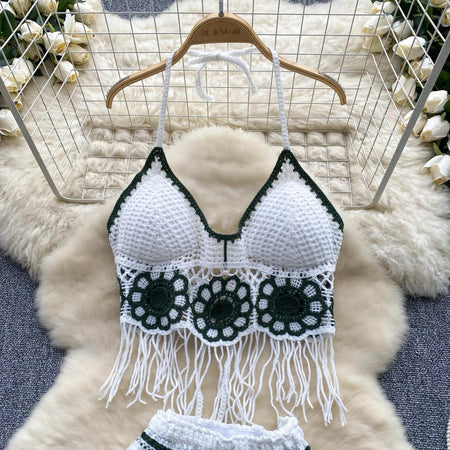 Belia 2 Piece Coord Set-Resortwear In Green - front shot of the crochet bralette on hanger - Miss Mosa By Akanksha