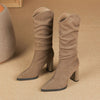 Bella Block Suede Boots - front shot on patterned floor, taupe - Miss Mosa By Akanksha