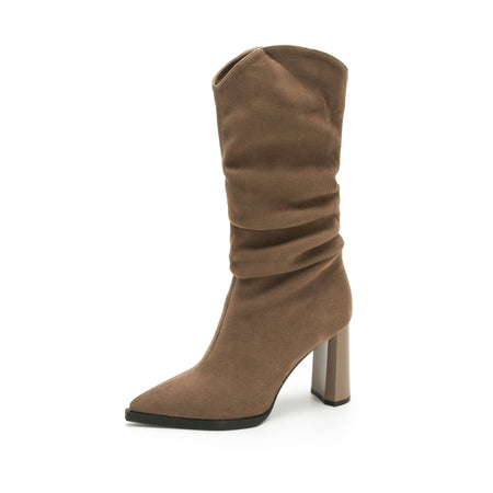 Bella Block Suede Boots - angled product shot, tan brown - Miss Mosa By Akanksha