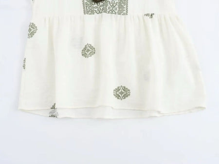 Bella Cotton Summer Top In Off-White - close-up of hem and print detail - Miss Mosa By Akanksha