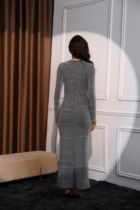 Bellamy Statement Glam Sequined Dress in Silver - back shot on model - Miss Mosa By Akanksha