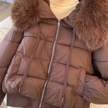 Bellamy Warm Parka Jacket with Fur - close-up of fur collar and zip, brown - Miss Mosa By Akanksha