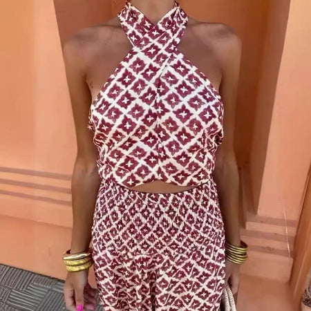 Bellara Printed Summer Coord Set In Rust - close-up shot of crossover top on model - Miss Mosa By Akanksha