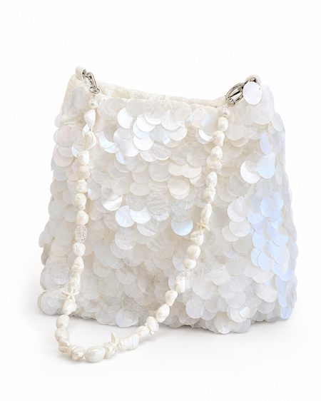 Belle Sequin Hand Bag With Chain - three-quarter shot, white iridescent paillette sequins with shell and pearl strap - Miss Mosa By Akanksha