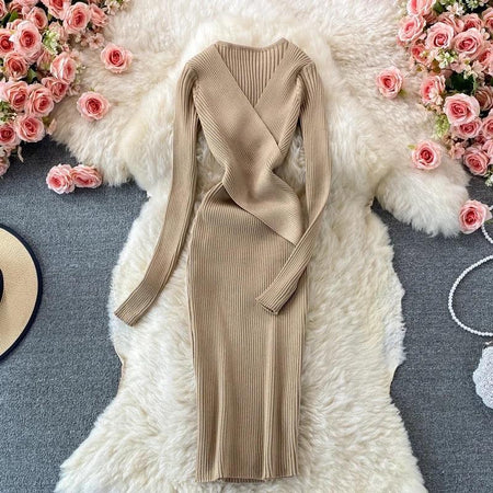 Bellery Statement Knit Dress - styled flat-lay shot, beige - Miss Mosa By Akanksha