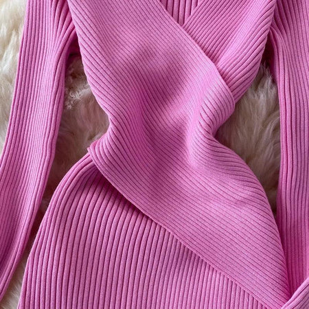 Bellery Statement Knit Dress - close-up of cross-front detail, pink - Miss Mosa By Akanksha