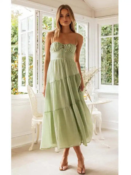 Bercie Summer Holiday Dress - full-length shot on model, sage green - Miss Mosa By Akanksha