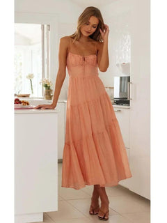 Bercie Summer Holiday Dress - full-length shot on model, peach - Miss Mosa By Akanksha