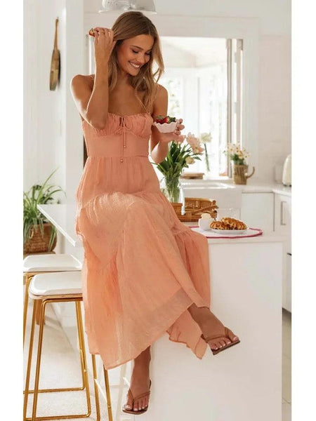 Bercie Summer Holiday Dress - lifestyle shot on model, peach - Miss Mosa By Akanksha