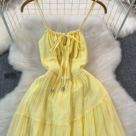 Bercie Summer Holiday Dress - styled flat-lay shot, yellow - Miss Mosa By Akanksha