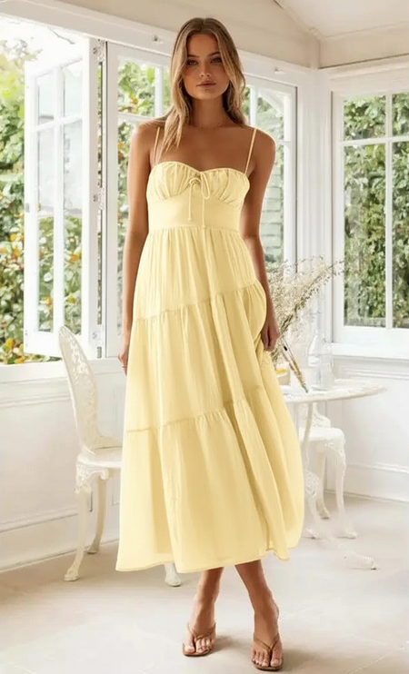 Bercie Summer Holiday Dress - full-length shot on model, yellow - Miss Mosa By Akanksha