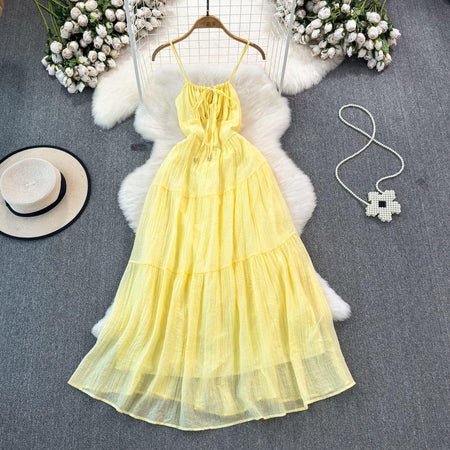 Bercie Summer Holiday Dress - styled flat-lay shot, yellow - Miss Mosa By Akanksha