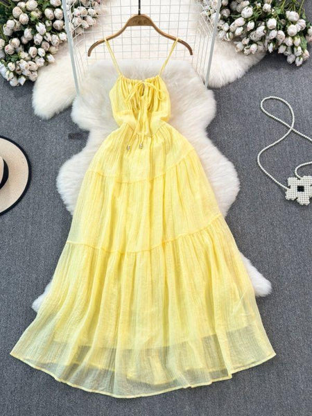 Bercie Summer Holiday Dress - styled flat-lay shot, yellow - Miss Mosa By Akanksha