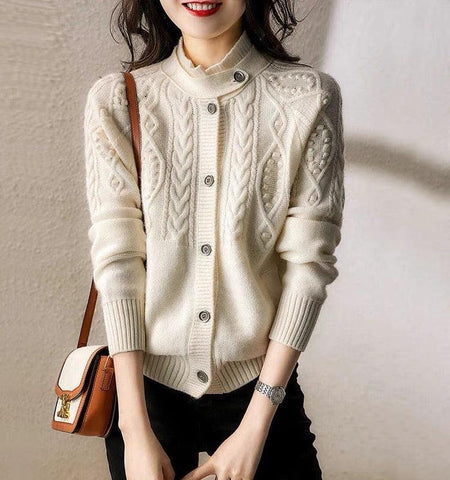 Beret Woolen Statement Cardigan - front shot on model, cream - Miss Mosa By Akanksha