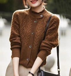 Beret Woolen Statement Cardigan - front shot on model, brown - Miss Mosa By Akanksha