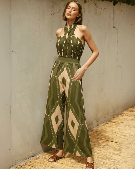 Berlin Printed Swimsuit With Pant - full-length shot, olive green and beige - Miss Mosa By Akanksha