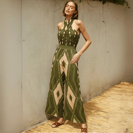 Berlin Printed Swimsuit With Pant - full-length shot, olive green and beige - Miss Mosa By Akanksha