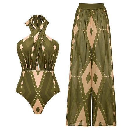 Berlin Printed Swimsuit With Pant - flat-lay shot, olive green and beige - Miss Mosa By Akanksha