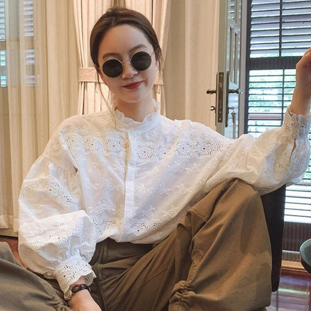 Bernard Embroidery Shirt - seated shot, white - Miss Mosa By Akanksha
