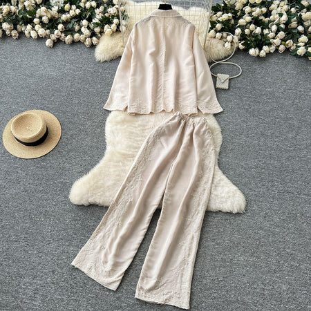 Berry Statement Summer Coord Set In Beige - flat-lay back shot of shirt and trousers - Miss Mosa By Akanksha